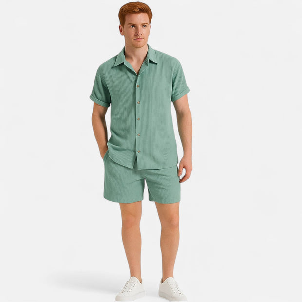 Men's Lightweight Summer Set with Relaxed-Fit Shirt and Tailored Shorts - Breathable Cotton/Linen Blend, Casual Style
