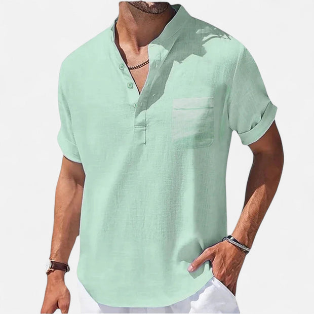 Men's Linen-Cotton Henley Shirt – Breathable Short Sleeve Summer Essential in Classic Style