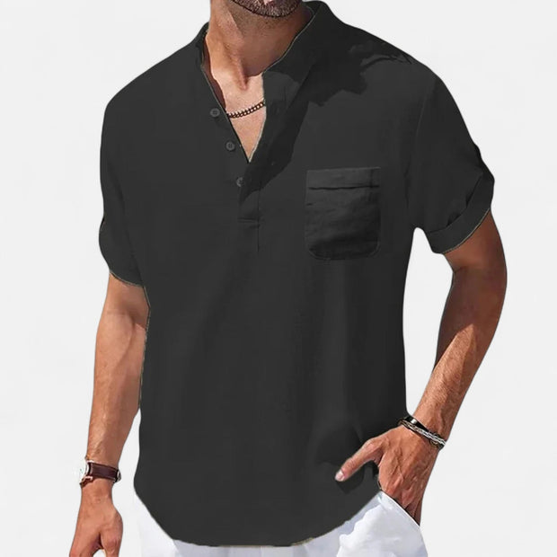 Men's Linen-Cotton Henley Shirt – Breathable Short Sleeve Summer Essential in Classic Style