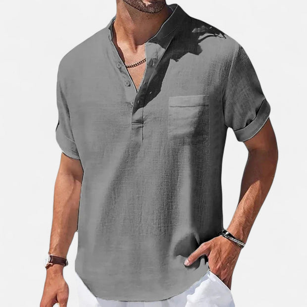 Men's Linen-Cotton Henley Shirt – Breathable Short Sleeve Summer Essential in Classic Style