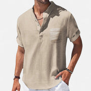 Men's Linen-Cotton Henley Shirt – Breathable Short Sleeve Summer Essential in Classic Style