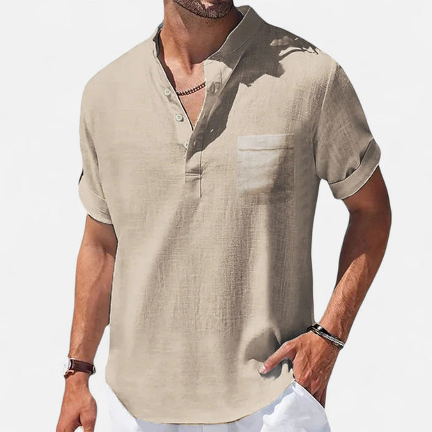 Men's Linen-Cotton Henley Shirt – Breathable Short Sleeve Summer Essential in Classic Style