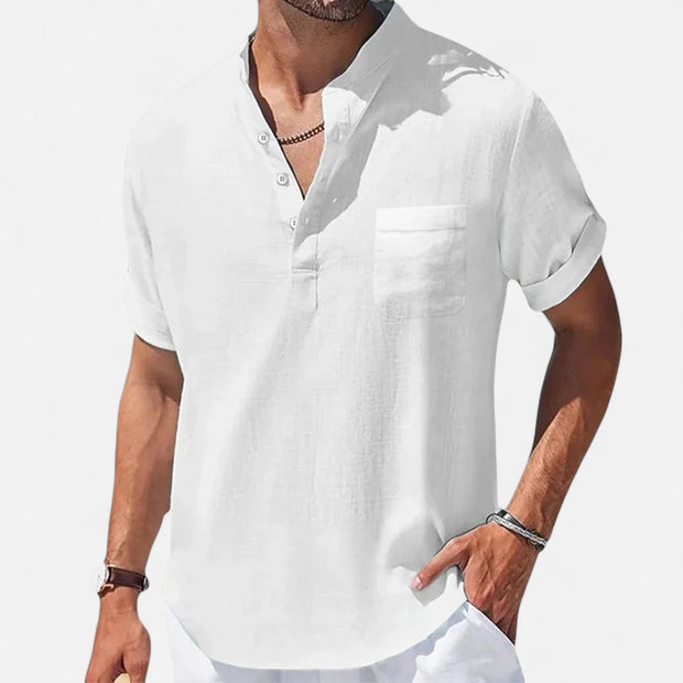 Men's Linen-Cotton Henley Shirt – Breathable Short Sleeve Summer Essential in Classic Style