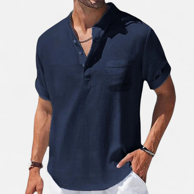 Men's Linen-Cotton Henley Shirt – Breathable Short Sleeve Summer Essential in Classic Style