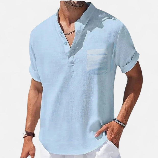 Men's Linen-Cotton Henley Shirt – Breathable Short Sleeve Summer Essential in Classic Style