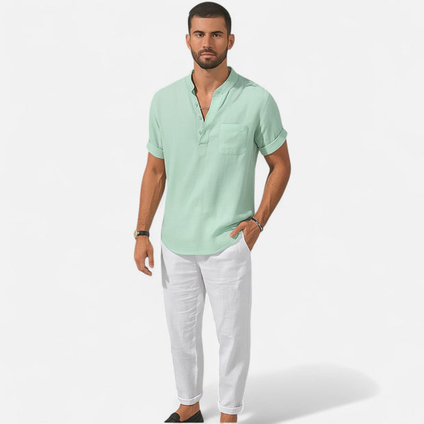 Men's Linen-Cotton Henley Shirt – Breathable Short Sleeve Summer Essential in Classic Style