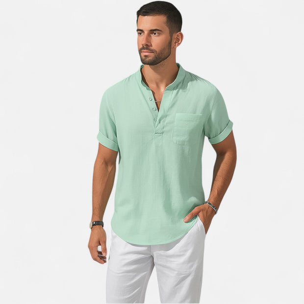 Men's Linen-Cotton Henley Shirt – Breathable Short Sleeve Summer Essential in Classic Style