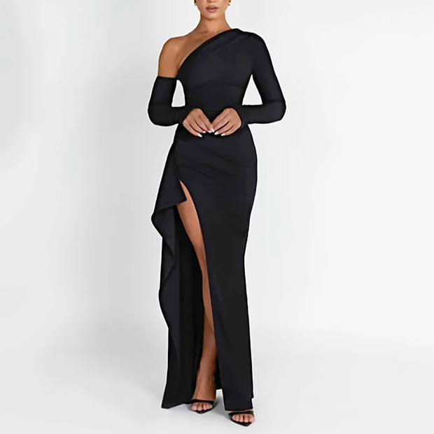 One-Shoulder Maxi Dress in Black – Elegant Evening Gown with Ruffle Detail-Cramta