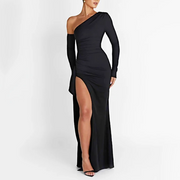 One-Shoulder Maxi Dress in Black – Elegant Evening Gown with Ruffle Detail-Cramta