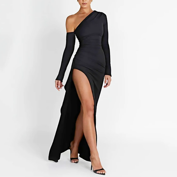 One-Shoulder Maxi Dress in Black – Elegant Evening Gown with Ruffle Detail-Cramta