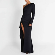 One-Shoulder Maxi Dress in Black – Elegant Evening Gown with Ruffle Detail-Cramta