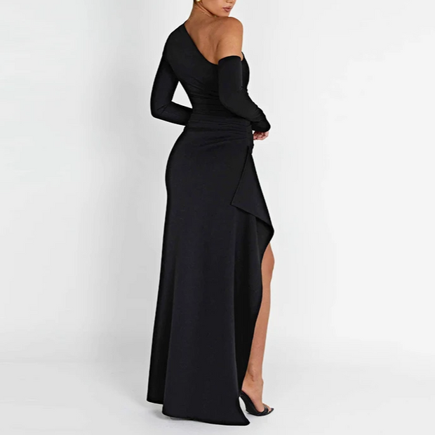 One-Shoulder Maxi Dress in Black – Elegant Evening Gown with Ruffle Detail-Cramta