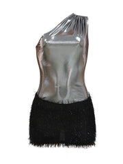 One Shoulder Mini Dress - Backless Polyester Dress with Zipper Closure-Cramta