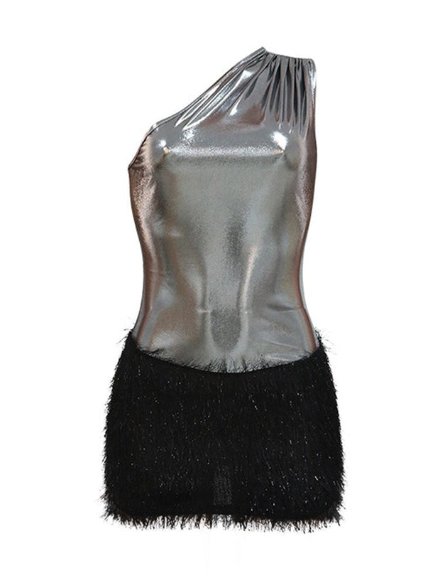 One Shoulder Mini Dress - Backless Polyester Dress with Zipper Closure-Cramta