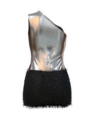 One Shoulder Mini Dress - Backless Polyester Dress with Zipper Closure-Cramta
