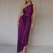 One Shoulder Pleated Maxi Dress – Handmade Slim Fit Evening Wear in High-Quality Polyester, Available in Multiple Sizes-Cramta