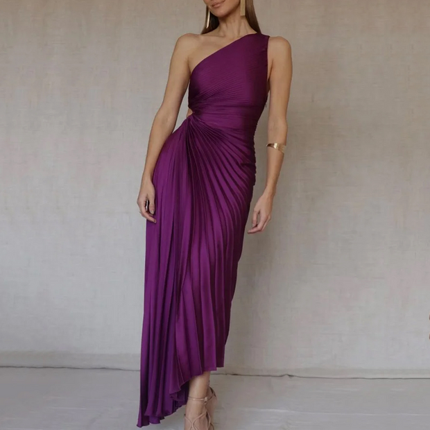One Shoulder Pleated Maxi Dress – Handmade Slim Fit Evening Wear in High-Quality Polyester, Available in Multiple Sizes-Cramta