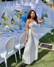 One Shoulder Pleated Maxi Dress – Handmade Slim Fit Evening Wear in High-Quality Polyester, Available in Multiple Sizes-Cramta