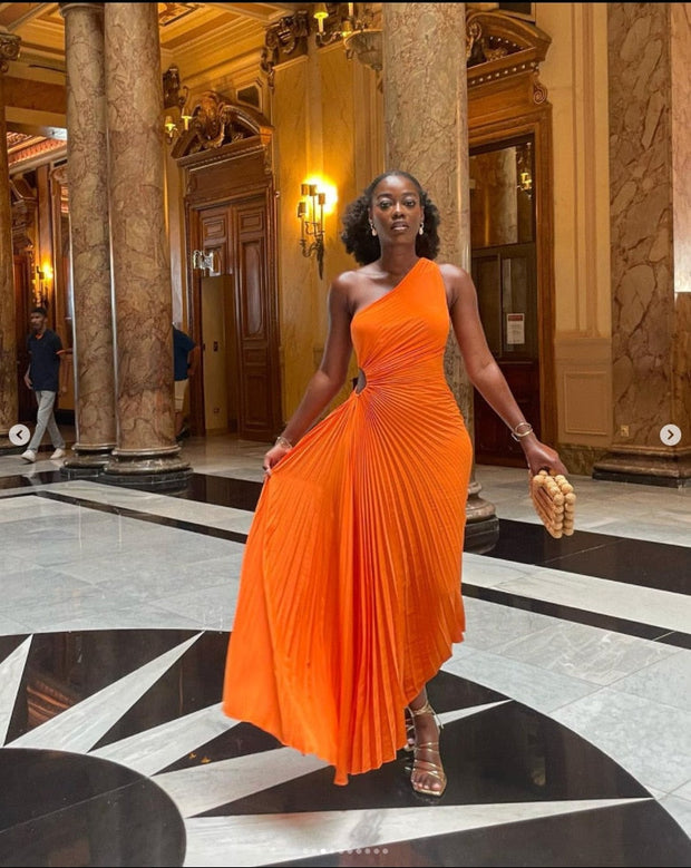 One Shoulder Pleated Maxi Dress – Handmade Slim Fit Evening Wear in High-Quality Polyester, Available in Multiple Sizes-Cramta