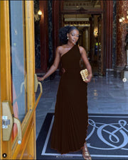One Shoulder Pleated Maxi Dress – Handmade Slim Fit Evening Wear in High-Quality Polyester, Available in Multiple Sizes-Cramta