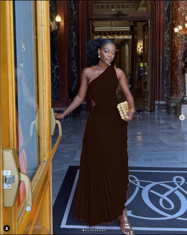 One Shoulder Pleated Maxi Dress – Handmade Slim Fit Evening Wear in High-Quality Polyester, Available in Multiple Sizes-Cramta