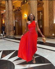 One Shoulder Pleated Maxi Dress – Handmade Slim Fit Evening Wear in High-Quality Polyester, Available in Multiple Sizes-Cramta