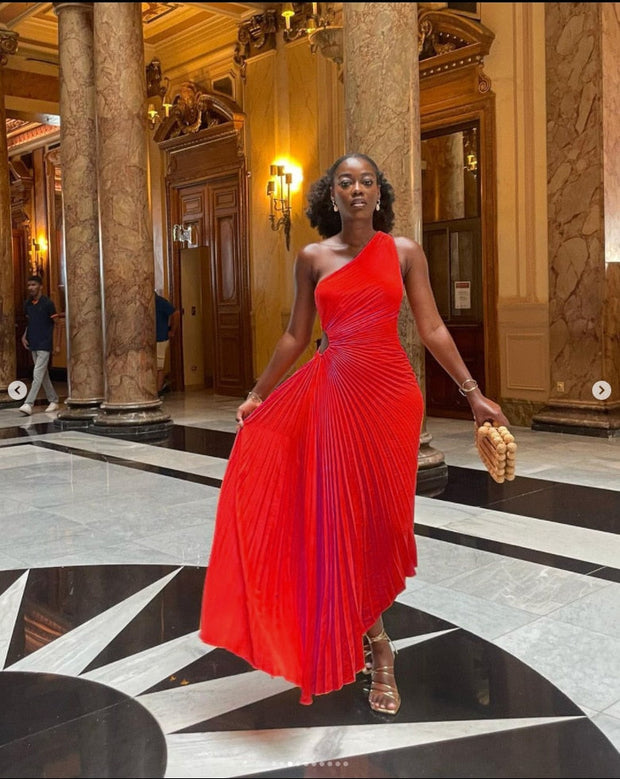 One Shoulder Pleated Maxi Dress – Handmade Slim Fit Evening Wear in High-Quality Polyester, Available in Multiple Sizes-Cramta