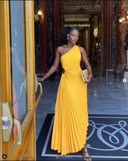 One Shoulder Pleated Maxi Dress – Handmade Slim Fit Evening Wear in High-Quality Polyester, Available in Multiple Sizes-Cramta