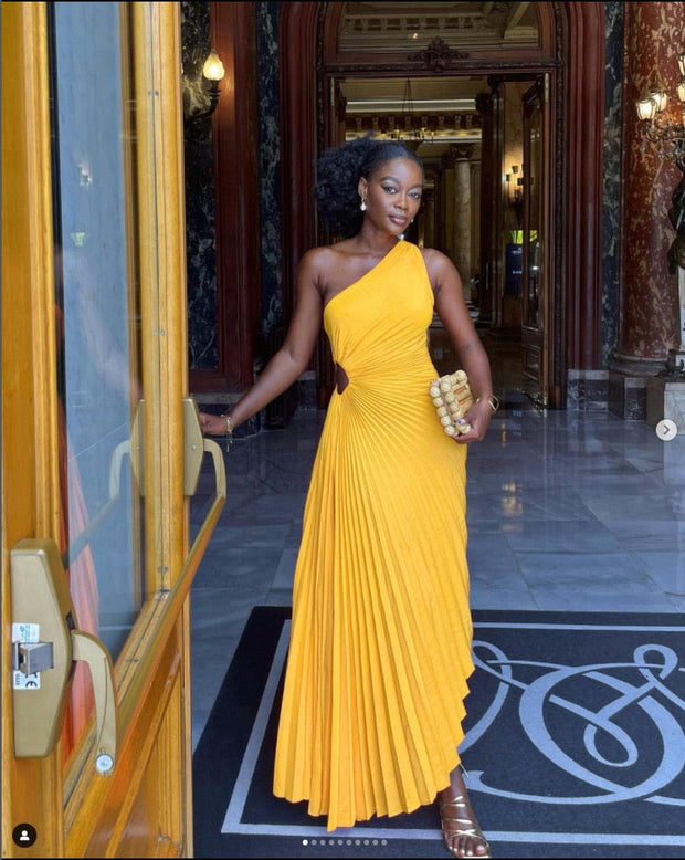 One Shoulder Pleated Maxi Dress – Handmade Slim Fit Evening Wear in High-Quality Polyester, Available in Multiple Sizes-Cramta