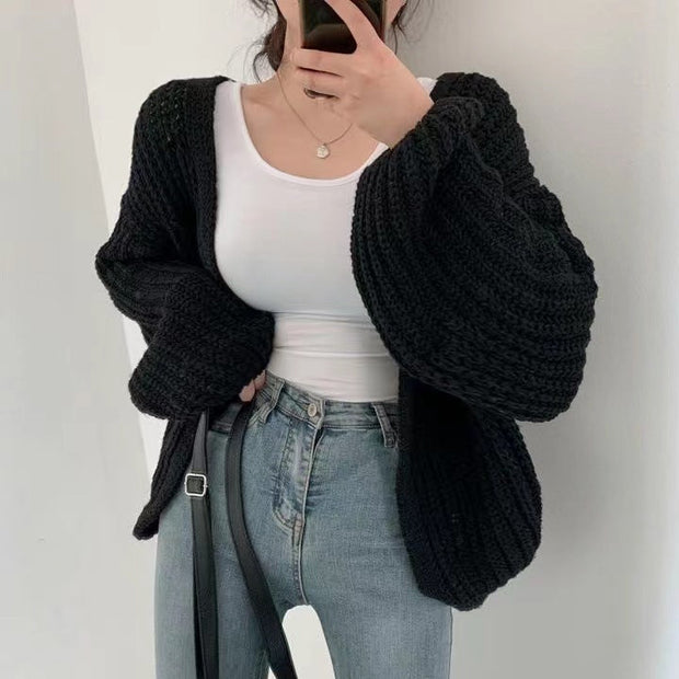 Oversized Chunky Knit Cardigan for Women with Balloon Sleeves – Cozy Layering Essential Womens Jumper