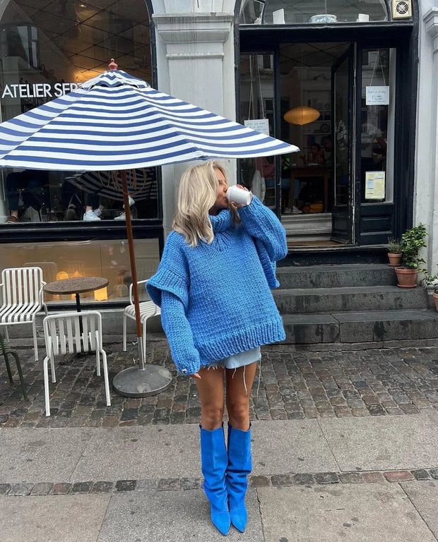 Oversized Knit Jumper for Women - Chunky Knit with Wide Collar for Effortless Style