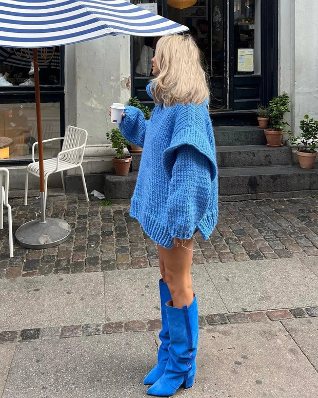 Oversized Knit Jumper for Women - Chunky Knit with Wide Collar for Effortless Style