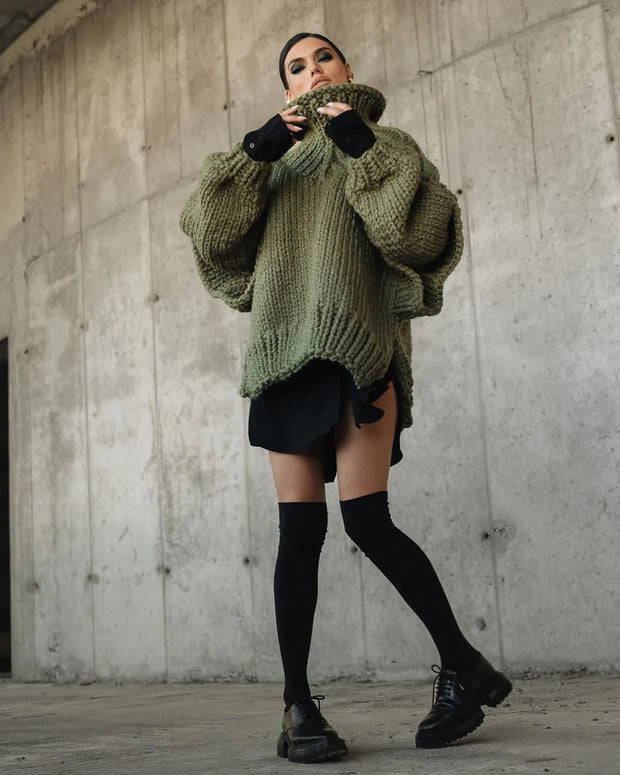 Oversized Knit Jumper for Women - Chunky Knit with Wide Collar for Effortless Style