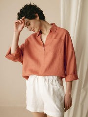 Oversized Women's Linen Shirt with V-Neck, Rounded Hem, and Side Pockets for Effortless Style