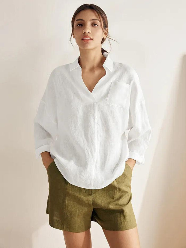Oversized Women's Linen Shirt with V-Neck, Rounded Hem, and Side Pockets for Effortless Style