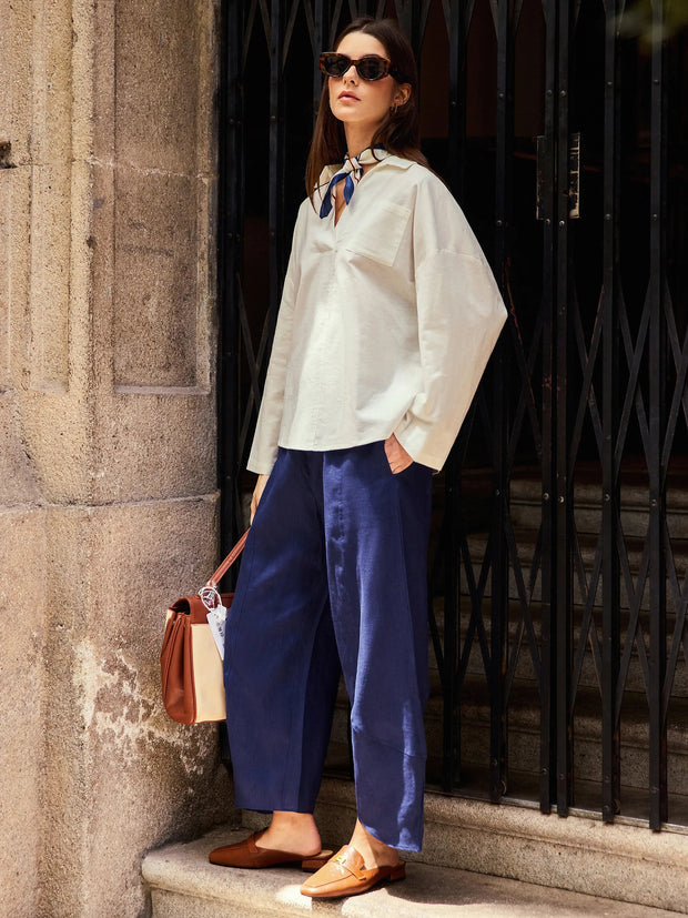 Oversized Women's Linen Shirt with V-Neck, Rounded Hem, and Side Pockets for Effortless Style