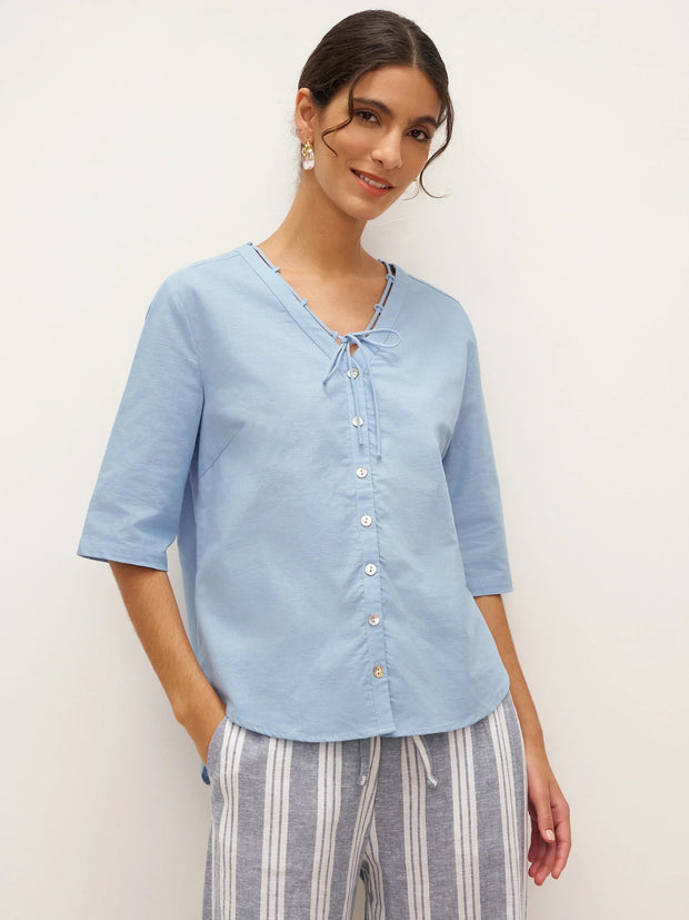 Powder Blue Linen Shirt for Women - V-Neck with Lace-Up Straps, Relaxed Fit, Elbow-Length Sleeves, Lightweight Casual Top
