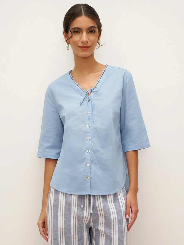Powder Blue Linen Shirt for Women - V-Neck with Lace-Up Straps, Relaxed Fit, Elbow-Length Sleeves, Lightweight Casual Top