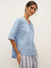 Powder Blue Linen Shirt for Women - V-Neck with Lace-Up Straps, Relaxed Fit, Elbow-Length Sleeves, Lightweight Casual Top