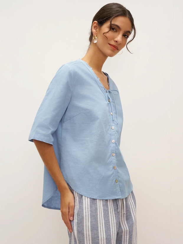 Powder Blue Linen Shirt for Women - V-Neck with Lace-Up Straps, Relaxed Fit, Elbow-Length Sleeves, Lightweight Casual Top