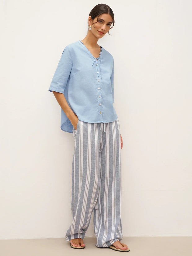 Powder Blue Linen Shirt for Women - V-Neck with Lace-Up Straps, Relaxed Fit, Elbow-Length Sleeves, Lightweight Casual Top