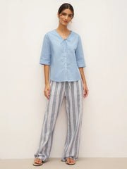 Powder Blue Linen Shirt for Women - V-Neck with Lace-Up Straps, Relaxed Fit, Elbow-Length Sleeves, Lightweight Casual Top