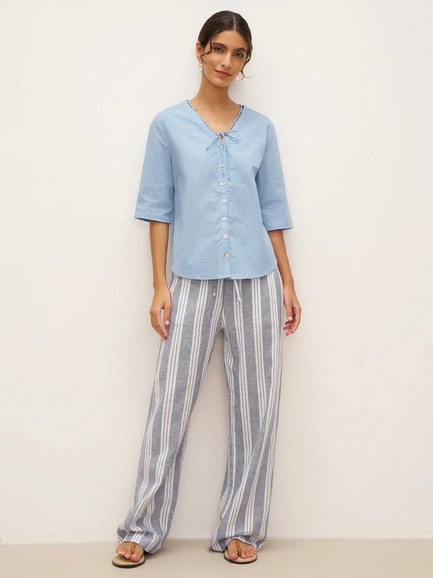 Powder Blue Linen Shirt for Women - V-Neck with Lace-Up Straps, Relaxed Fit, Elbow-Length Sleeves, Lightweight Casual Top