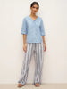 Powder Blue Linen Shirt for Women - V-Neck with Lace-Up Straps, Relaxed Fit, Elbow-Length Sleeves, Lightweight Casual Top