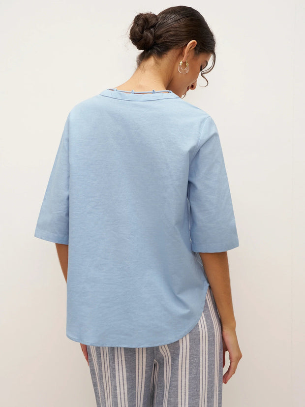 Powder Blue Linen Shirt for Women - V-Neck with Lace-Up Straps, Relaxed Fit, Elbow-Length Sleeves, Lightweight Casual Top