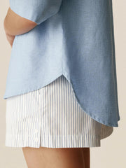 Powder Blue Linen Shirt for Women - V-Neck with Lace-Up Straps, Relaxed Fit, Elbow-Length Sleeves, Lightweight Casual Top