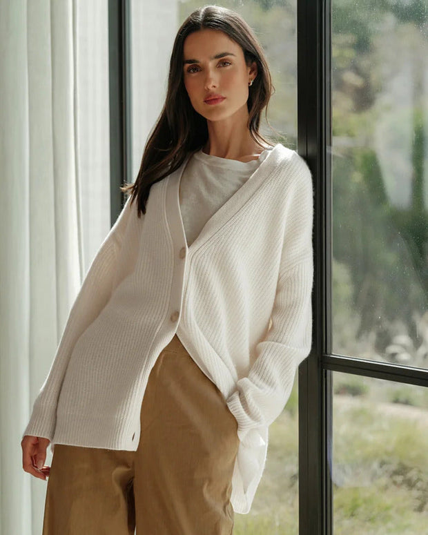 Ribbed Button Cardigan for Women - Soft V-Neck Knit Sweater with Relaxed Fit