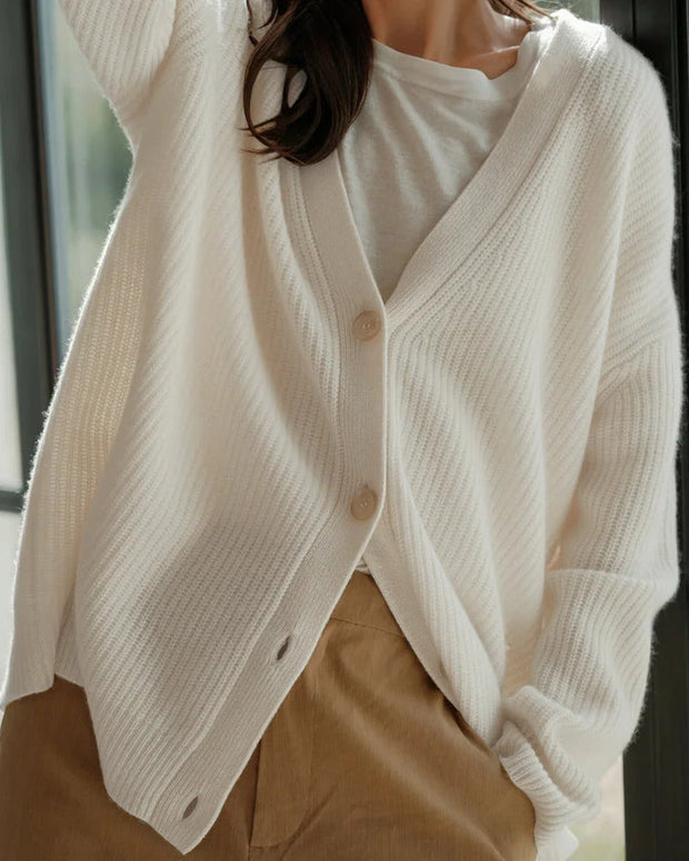 Ribbed Button Cardigan for Women - Soft V-Neck Knit Sweater with Relaxed Fit