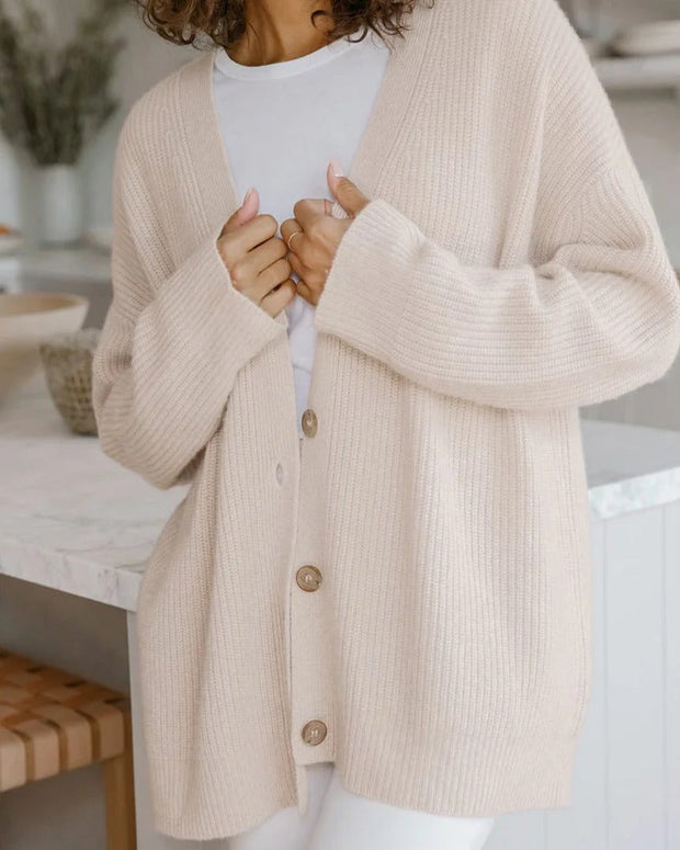 Ribbed Button Cardigan for Women - Soft V-Neck Knit Sweater with Relaxed Fit