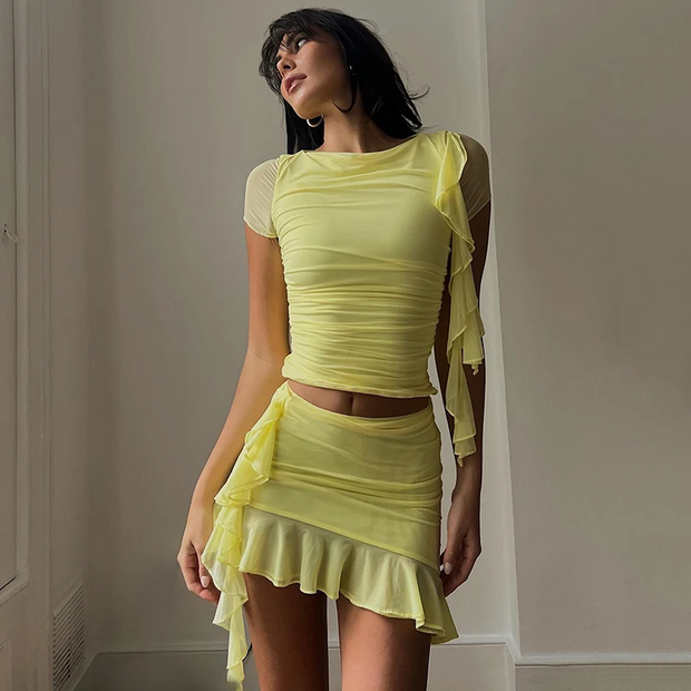 Ruffle Two Piece Set for Women - Stylish Crop Top and Mini Skirt Matching Co Ord Set-Cramta
